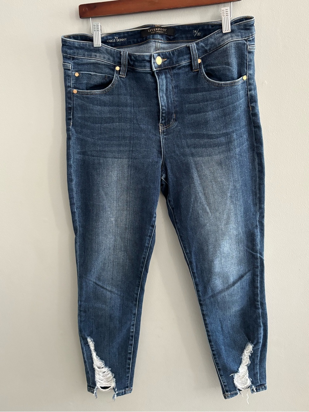 Liverpool Dark Blue Ripped The Ankle Skinny Jeans Size 14 Stretchy Distressed